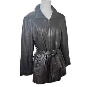Leather Jacket Belted Zip Front Mid Length Colebrook Black Women L